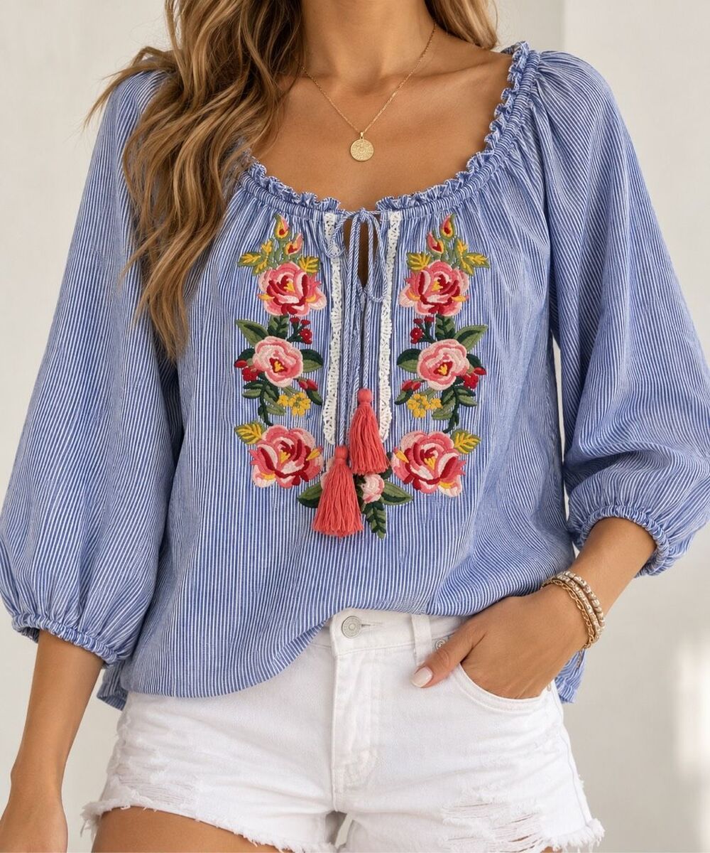 THML Medium Blue Stripe Floral Embroidered Boho Peasant Blouse